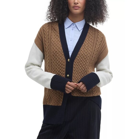 250$ Barbour Marcy Knit Cardigan Sweater Long Contrast Sleeve Size 10 Multicolor - Picture 1 of 5